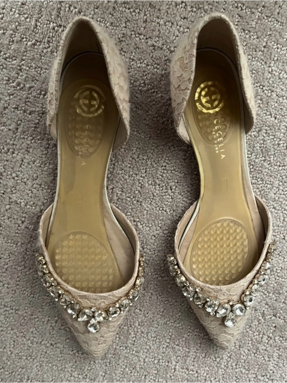 Embellished Lace Pointed Toe D’Orsay Flats - Beige